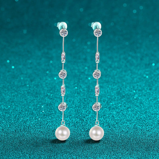 Linear Pearl Drop Earrings with 1.8ct Total Moissanite – S925 Sterling Silver