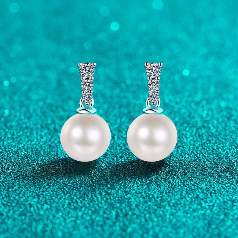 Tapered Triangle Freshwater Pearl Moissanite Stud Earrings – S925 Sterling Silver