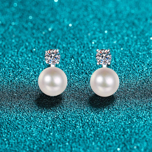 Classic Freshwater Pearl Moissanite Stud Earrings – S925 Sterling Silver