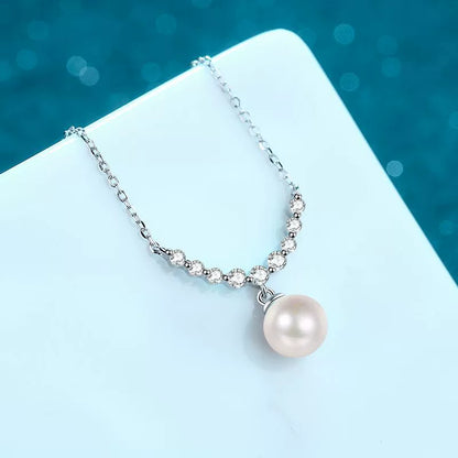 Curved Bar Pearl Necklace - Moissanite Accent in Sterling Silver