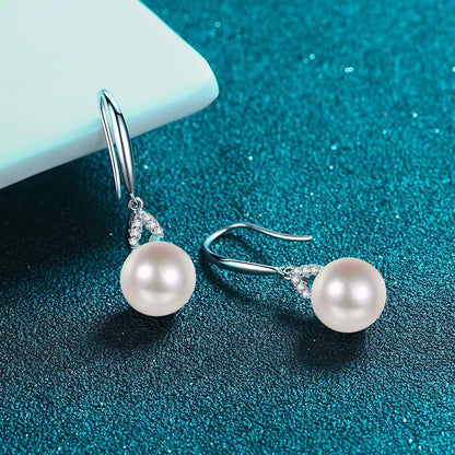 Leaf Hook Freshwater Pearl Moissanite Drop Earrings  – S925 Sterling Silver