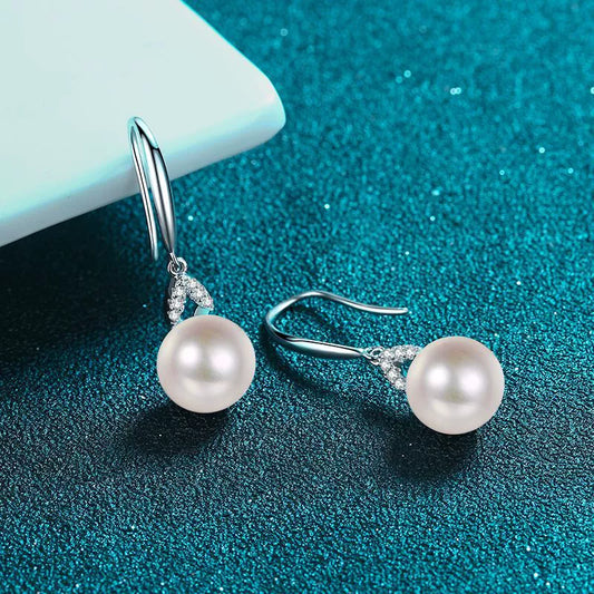 Leaf Hook Freshwater Pearl Moissanite Drop Earrings  – S925 Sterling Silver