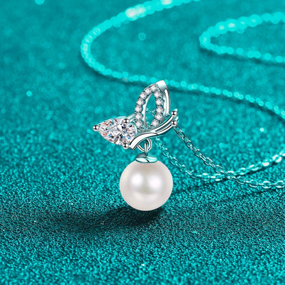 Butterfly Pearl Necklace Moissanite Accent S925 Sterling Silver Pendant