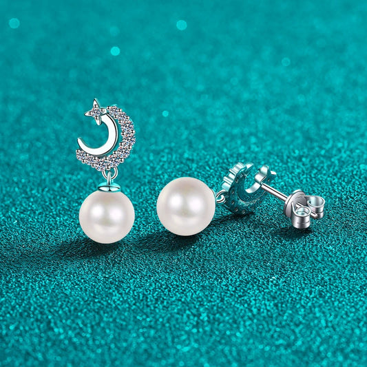 Crescent Moon Pearl Moissanite Stud Drop Earrings – S925 Sterling Silver