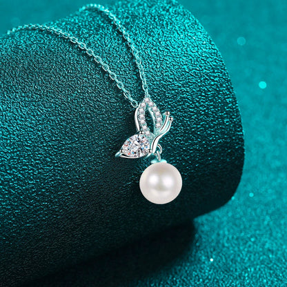 Butterfly Pearl Necklace Moissanite Accent S925 Sterling Silver Pendant