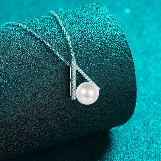 Geometric V Pearl Necklace Moissanite Accent – Sterling Silver S925