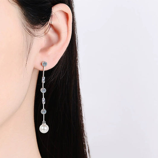 Phoebe Linear 1.8 Carat (Total) Pearl & Moissanite Drop Earrings — Moisza
