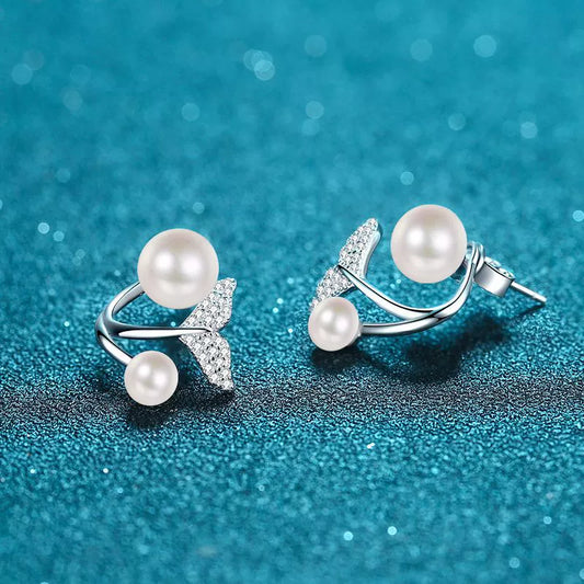 Mermaid Tail Pearl Moissanite Stud Earrings with Ear Jacket – S925 Sterling Silver