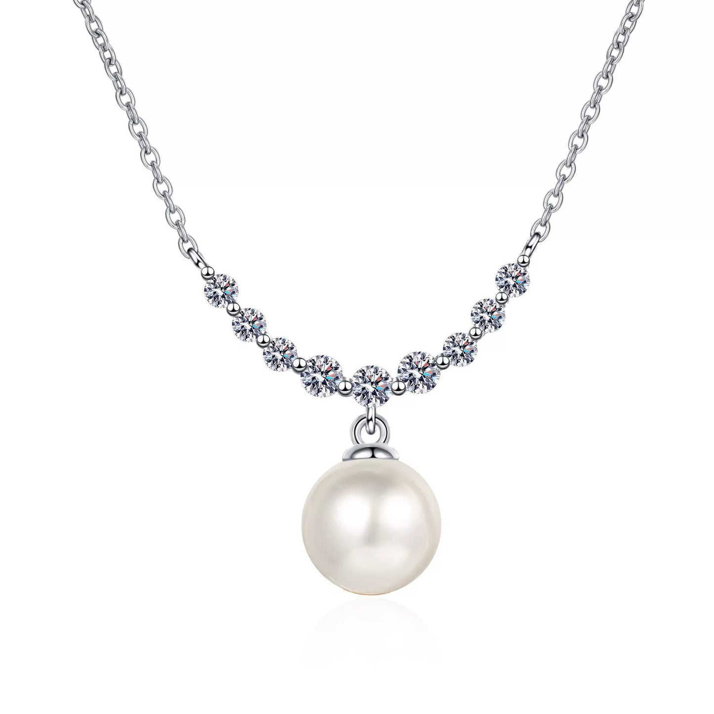 Curved Bar Pearl Necklace - Moissanite Accent in Sterling Silver