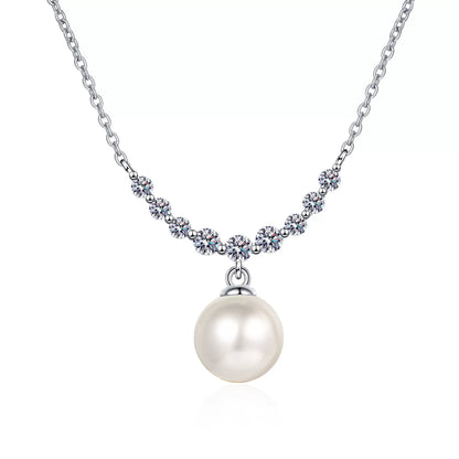 Curved Bar Pearl Necklace - Moissanite Accent in Sterling Silver