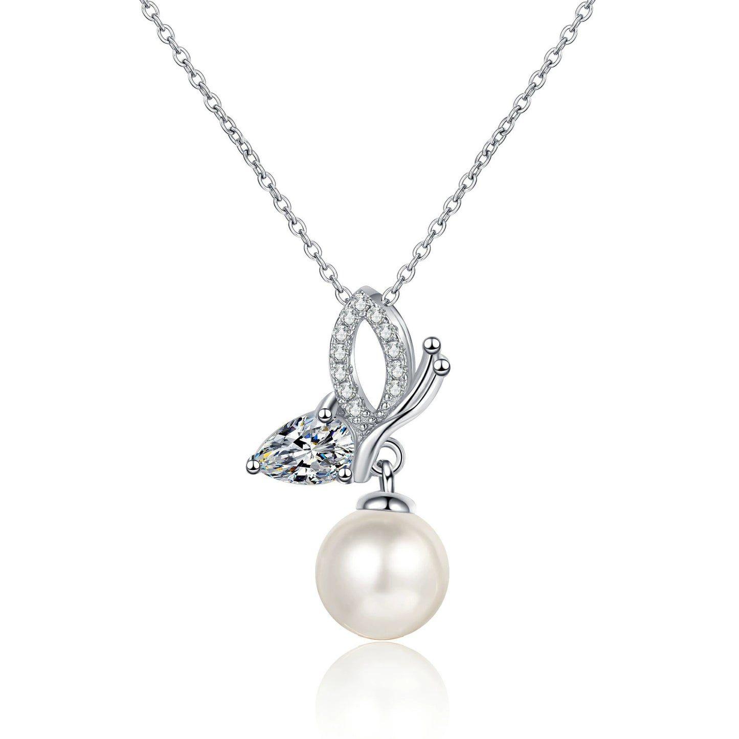 Butterfly Pearl Necklace Moissanite Accent S925 Sterling Silver Pendant