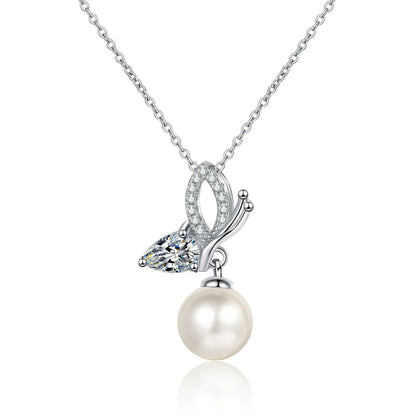 Butterfly Pearl Necklace Moissanite Accent S925 Sterling Silver Pendant