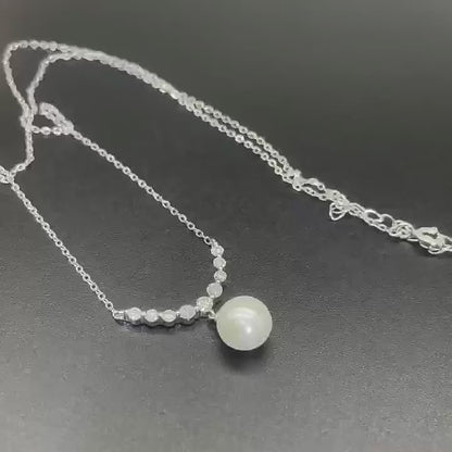 Curved Bar Pearl Necklace - Moissanite Accent in Sterling Silver