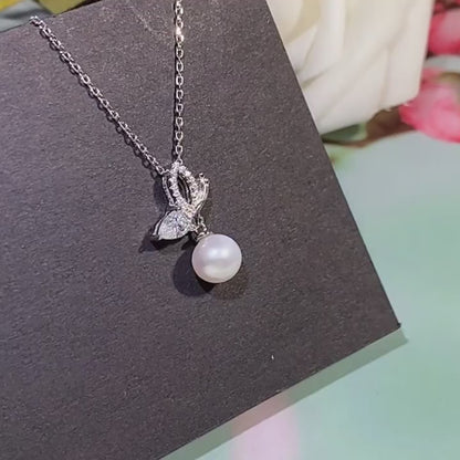 Butterfly Pearl Necklace Moissanite Accent S925 Sterling Silver Pendant