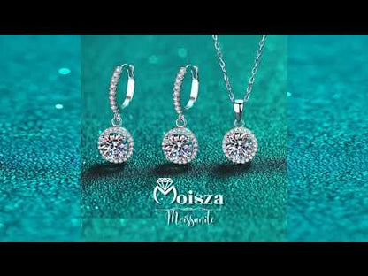 Round Cut Halo 1 Carat Moissanite 3-Piece S925 Jewelry Set (Drop Earrings and Necklace)