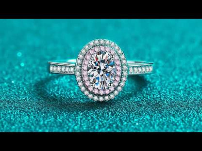 Oval Cut Pave Pink Double Halo 1 Carat Moissanite Diamond S925 Engagement Ring