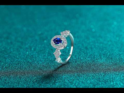 Glamour White/Blue Oval Cut Halo 0.5 Carat Moissanite S925 Engagement Ring