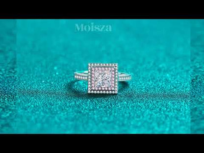 Princess Cut Pave Pink Double Halo 1 Carat Moissanite Diamond S925 Engagement Ring