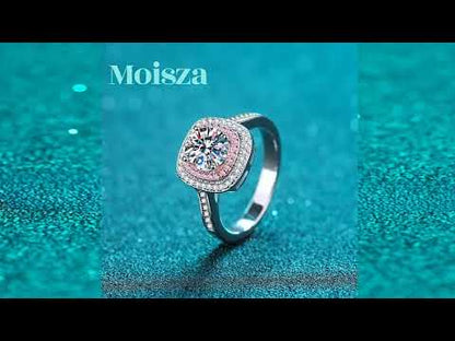 Double Square Round Cut Pave Halo 1 Carat Moissanite Diamond S925 Engagement Ring