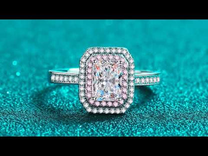 Emerald/Radiant Cut Pave Pink Double Halo 1 Carat Moissanite Diamond S925 Engagement Ring
