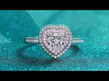 Heart-Shaped Pave Pink Double Halo 1 Carat Moissanite Diamond S925 Engagement Ring