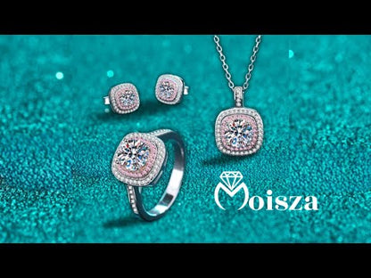 Double Square Round Cut Pink Halo 0.5 / 1 Carat Moissanite 4-Piece S925 Jewelry Set (Ring, Earrings, Necklace)