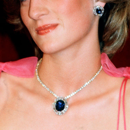 Princess Diana Oval Cut Sapphire Halo 0.5 / 1 Carat Moissanite 4-Piece S925 Jewelry Set (Ring, Earrings, Necklace)