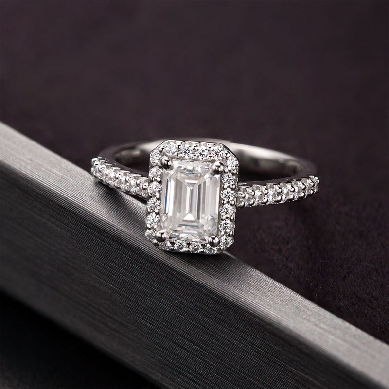 Athena Pavé Halo Emerald/Radiant Moissanite Engagement Ring — Moisza