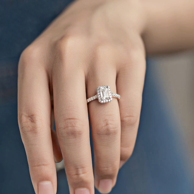 Athena Pavé Halo Emerald/Radiant Moissanite Engagement Ring — Moisza