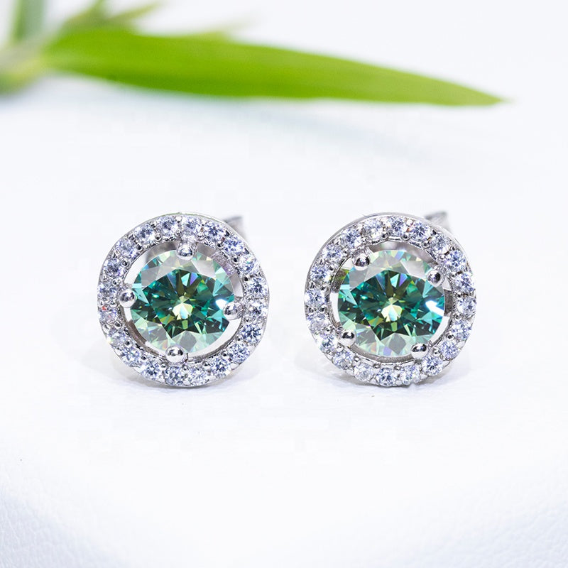 Green Moissanite 0.5ct Round Halo S925 Gold Plated VVS D Color Jewelry Set, Engagement Ring Wedding Day, Mother’s Day, Birthday, Valentine’s Day, Gift for Her, Gift for Girlfriend, girl, Gift for Women, Gift for Mother, for wife, Ring, Earrings, Bracelet, Necklace, 