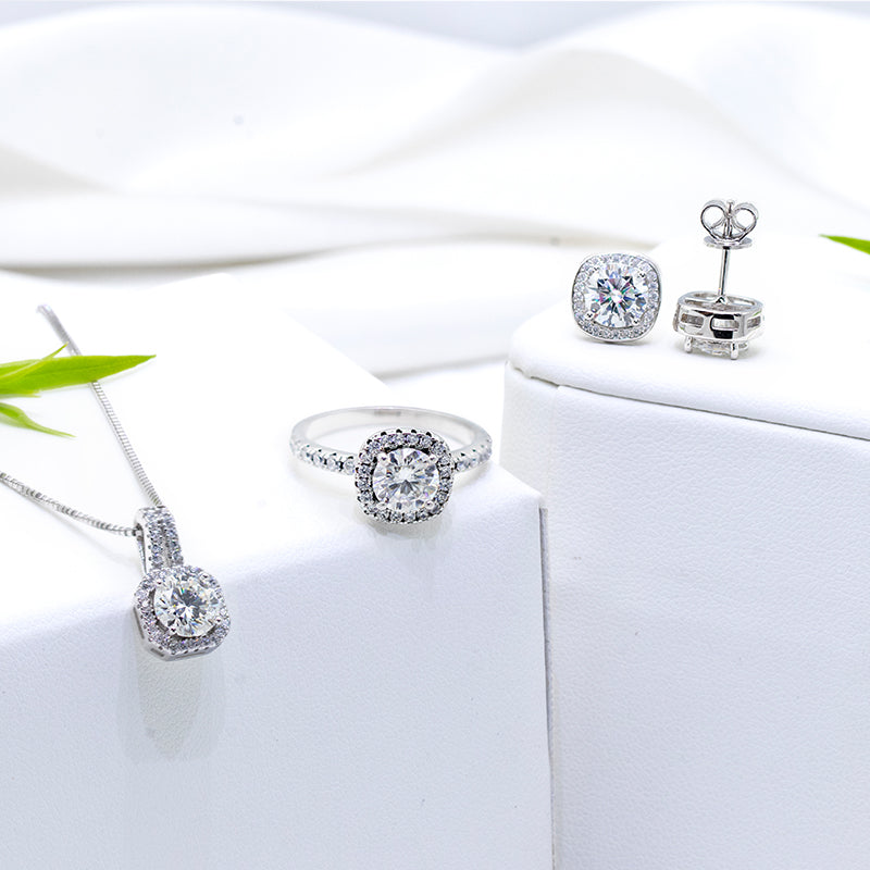 Square Halo Moissanite jewelry set, Wedding Day, bracelet, earrings, necklace, Engagement Ring, Wedding Ring, Promise Ring, Gift for Her, Gift for Girlfriend, girl, Gift for Women, Gift for Mother, for wife, Valentine’s Day, Mother’s Day,  Classic Cluster 0.5ct