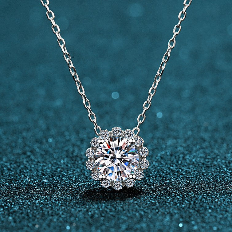 Helia Floral Halo Round 1 Carat Moissanite Necklace — Moisza