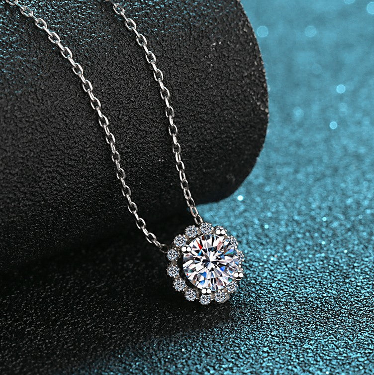 Helia Floral Halo Round 1 Carat Moissanite Necklace — Moisza