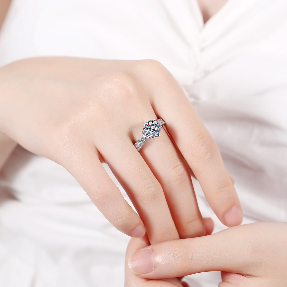 Helia Pavé Solitaire Round Moissanite Engagement Ring — Moisza
