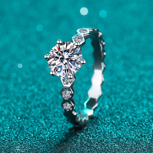 Helia Hive-Shaped Shank Solitaire Round Moissanite Engagement Ring — Moisza