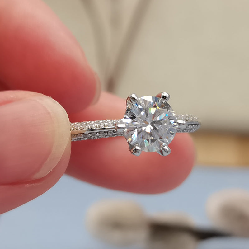 Helia Pavé T-Style Setting Solitaire Round Moissanite Engagement Ring — Moisza