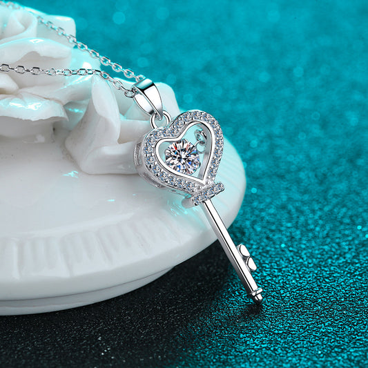 Helia Pavé Heart Key Round 0.5 Carat Moissanite Dancing Necklace — Moisza