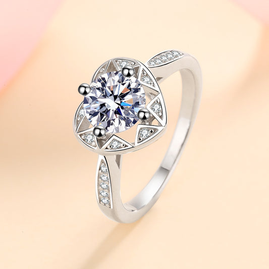 Helia Heart Design Pavé Solitaire Round 1 Carat Moissanite Engagement Ring — Moisza
