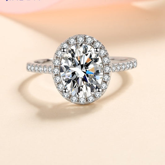 Anillo de compromiso S925 de diamante moissanita de 1 quilate con halo pavimentado de talla ovalada 
