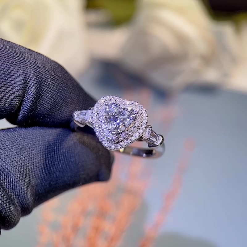 Venus Trilogy Halo Baguette Heart-Shaped 1 Carat Moissanite Engagement Ring — Moisza